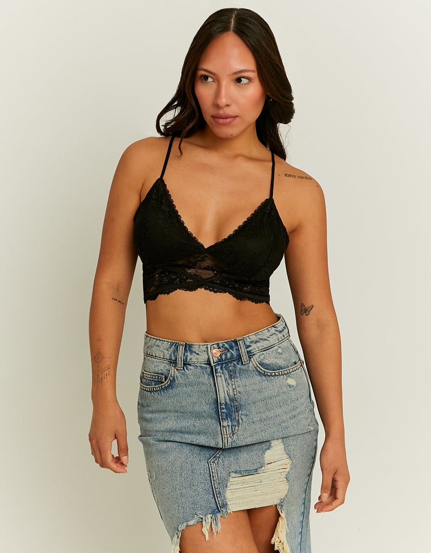 Ladies Black Lace Bralette-Model Front View