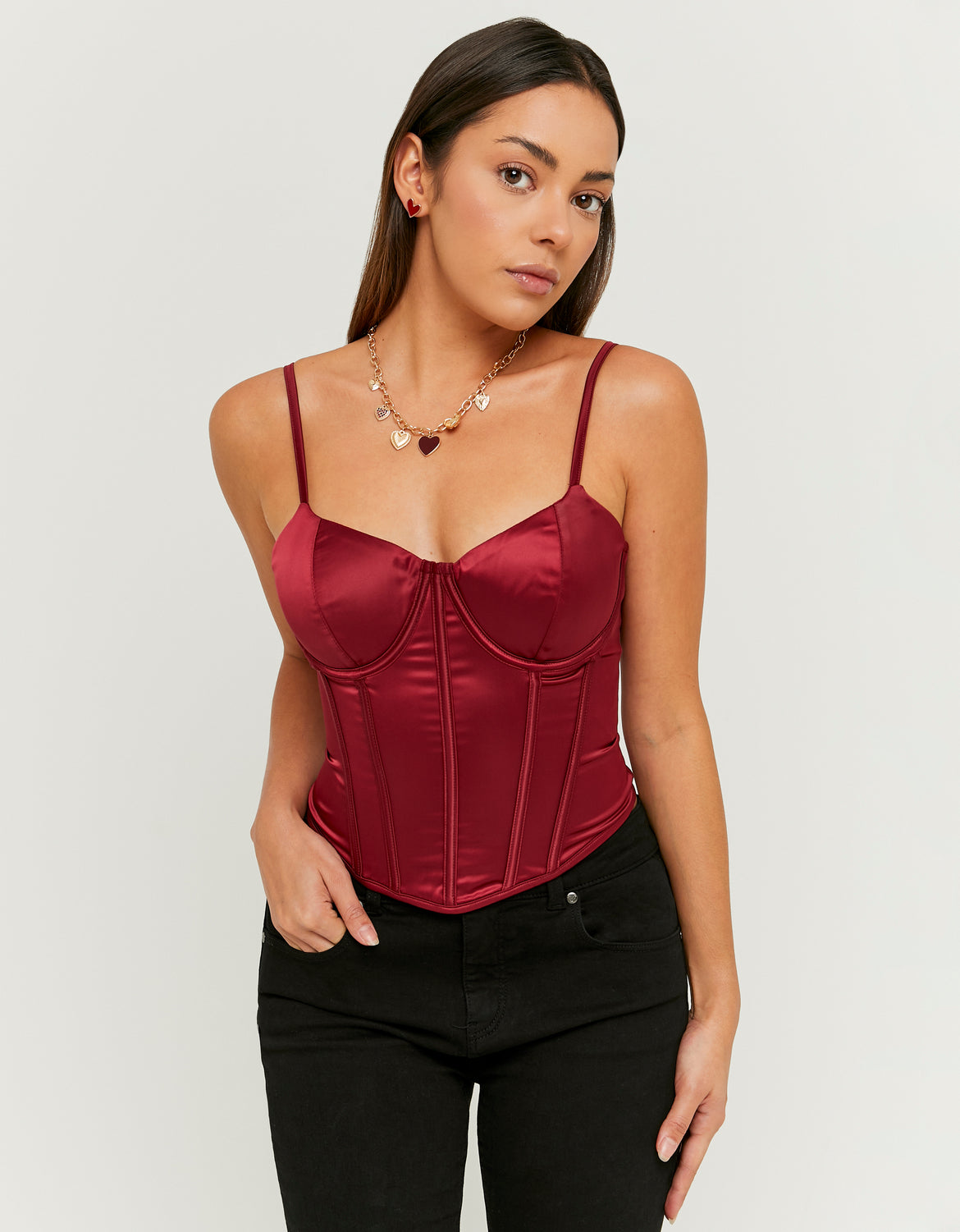Ladies Red Satin Corset Top-Model Front View