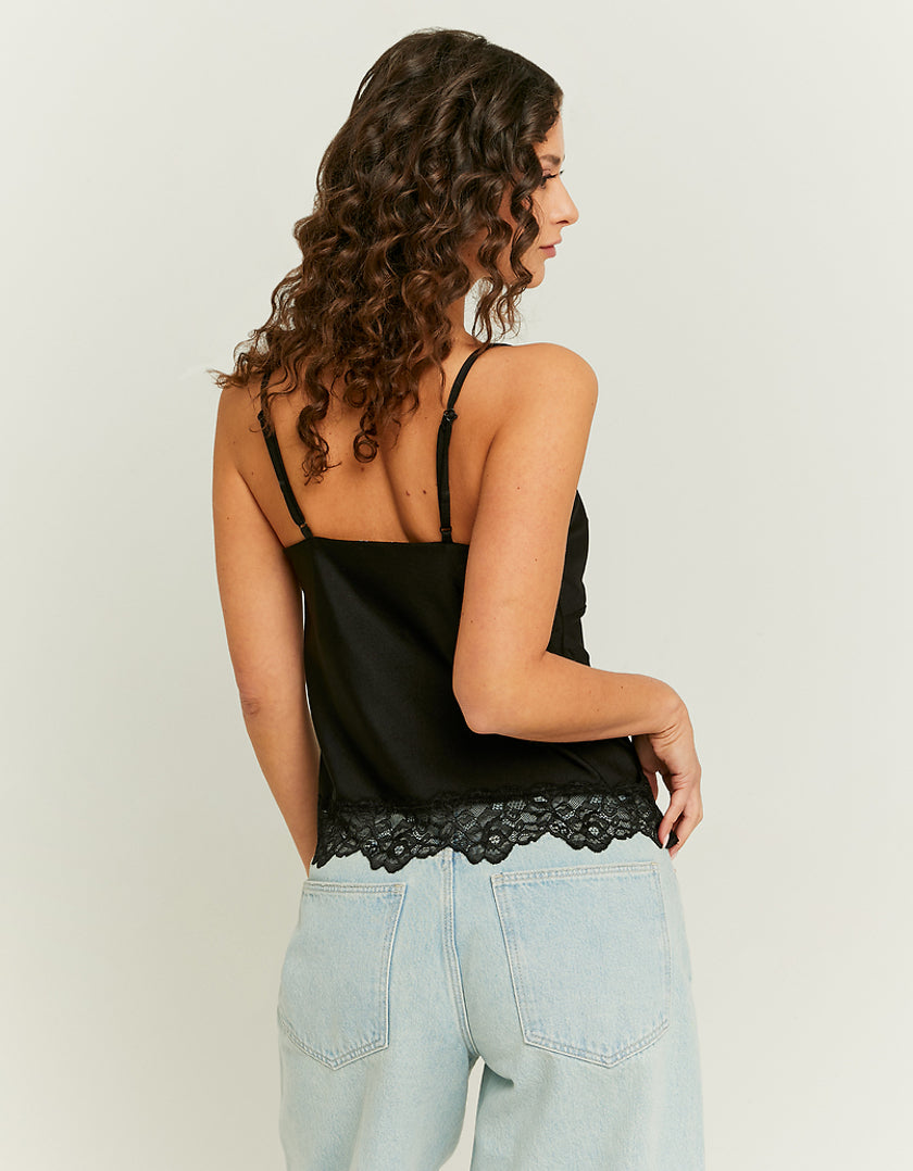 Ladies Black Satin Top With Lace Insert-Back View
