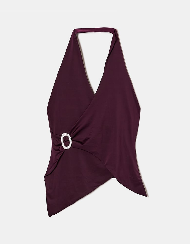 Ladies Purple Halter Neck Top With Rhinestone Buckle-Ghost Front View