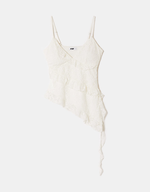 Tally Weijl White Asymmetric Lace Top with Ruffles, front flat lay view