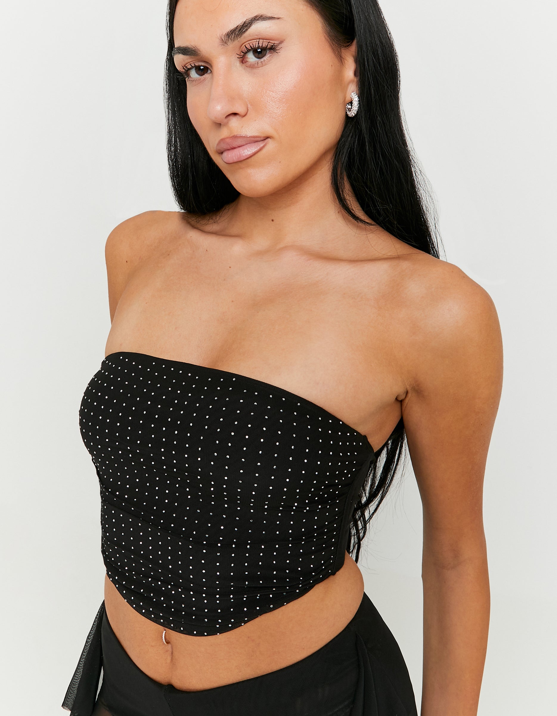 Ladies Black Mesh Bandeau Top With Strass-Closer View of Front