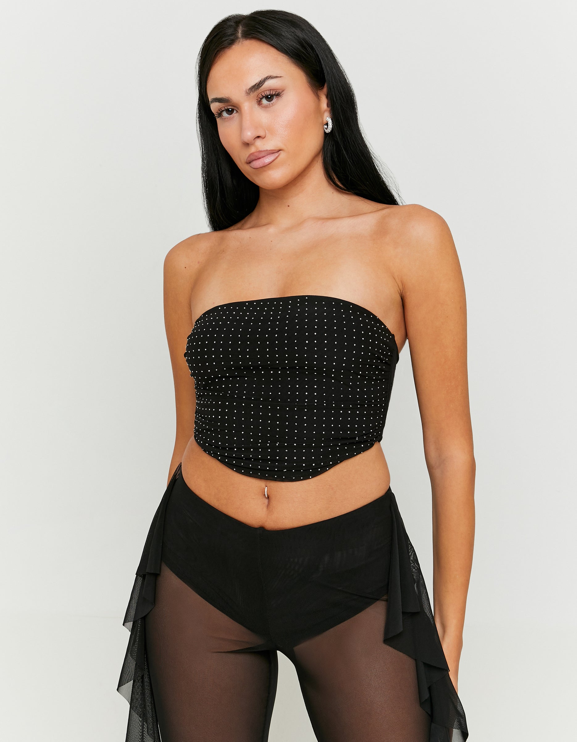 Ladies Black Mesh Bandeau Top With Strass-Model Front View