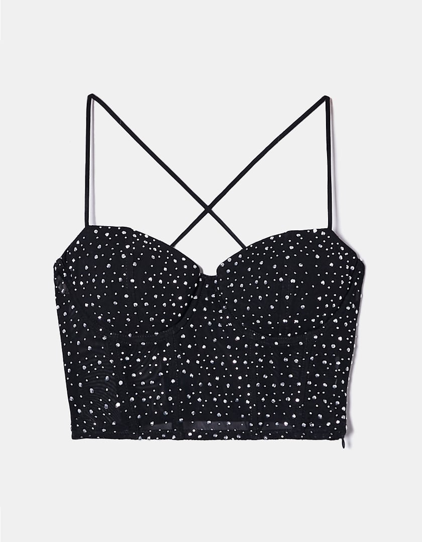 Black Mesh Cropped Top with Strass