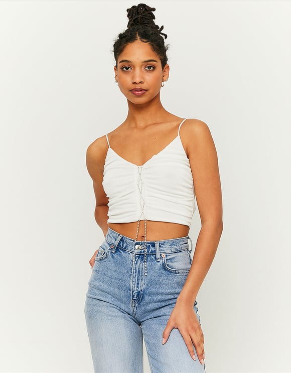 WHITE CROPPED TOP WITH RHINESTONES MODEL FRONT VIEW