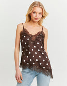 Tally Weijl Brown Polka Dots Asymmetric Satin Top with Lace Trims BROWN front view