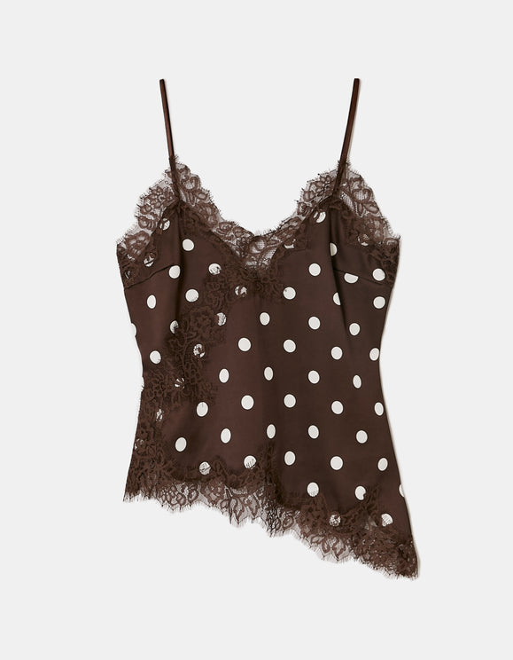 Tally Weijl Brown Polka Dots Asymmetric Satin Top with Lace Trims, front flat lay view
