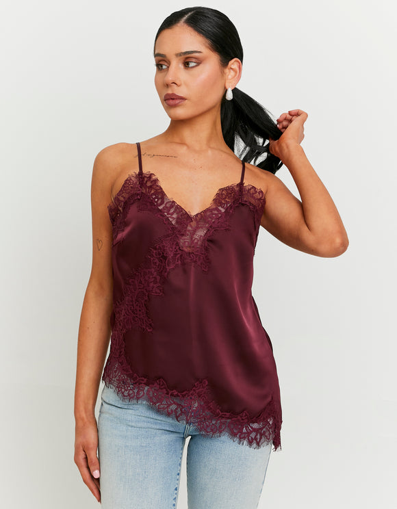 Tally Weijl Asymmetric Satin Top with Lace Trims Burgundy, front view on model