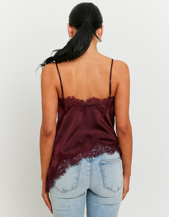Tally Weijl Asymmetric Satin Top with Lace Trims Burgundy, back view