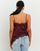 Tally Weijl Asymmetric Satin Top with Lace Trims Burgundy detail view