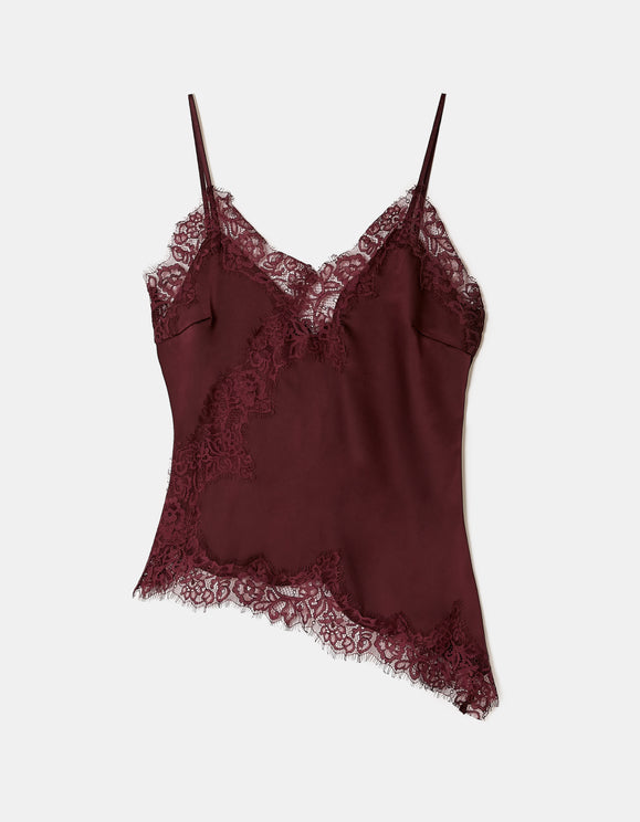 Tally Weijl Asymmetric Satin Top with Lace Trims Burgundy, front flat lay view