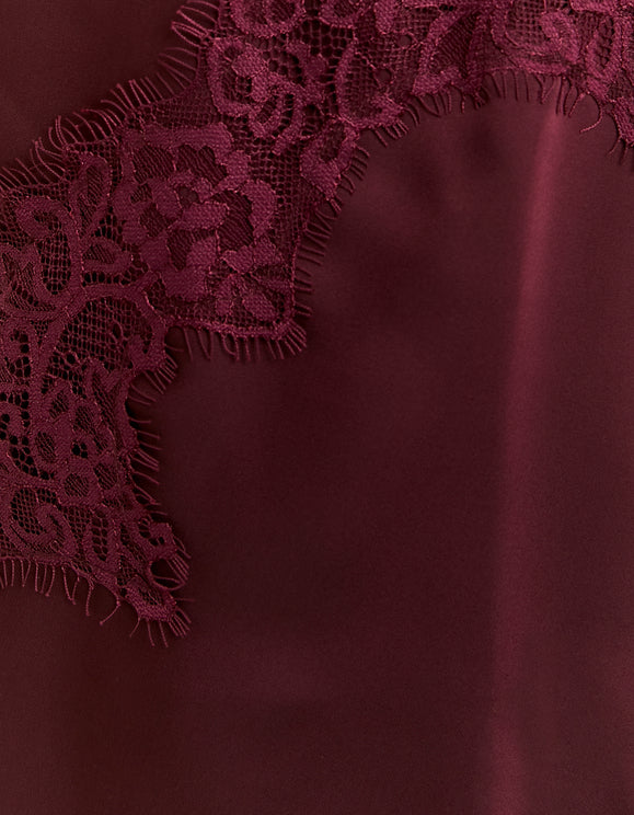 Tally Weijl Asymmetric Satin Top with Lace Trims Burgundy, detail view