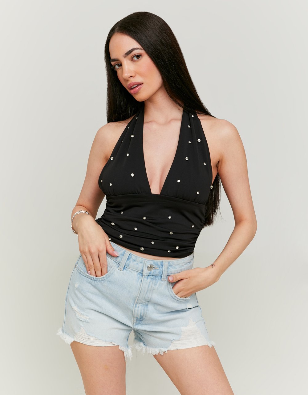 Ladies Black Crop Halter Top With Rhinestones-Model Full Front View