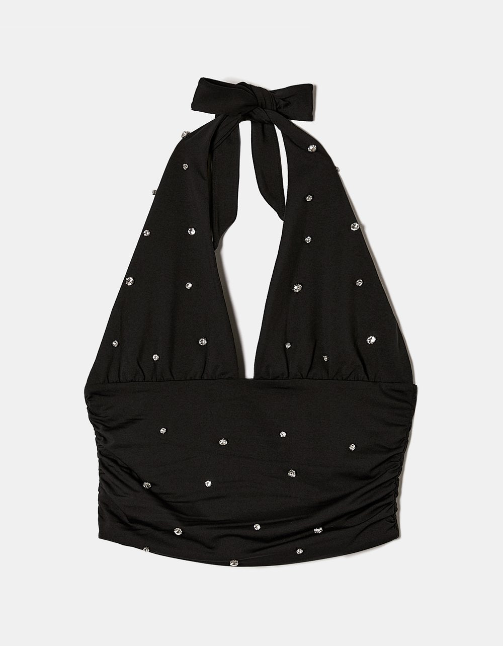 Ladies Black Crop Halter Top With Rhinestones-Ghost Front View