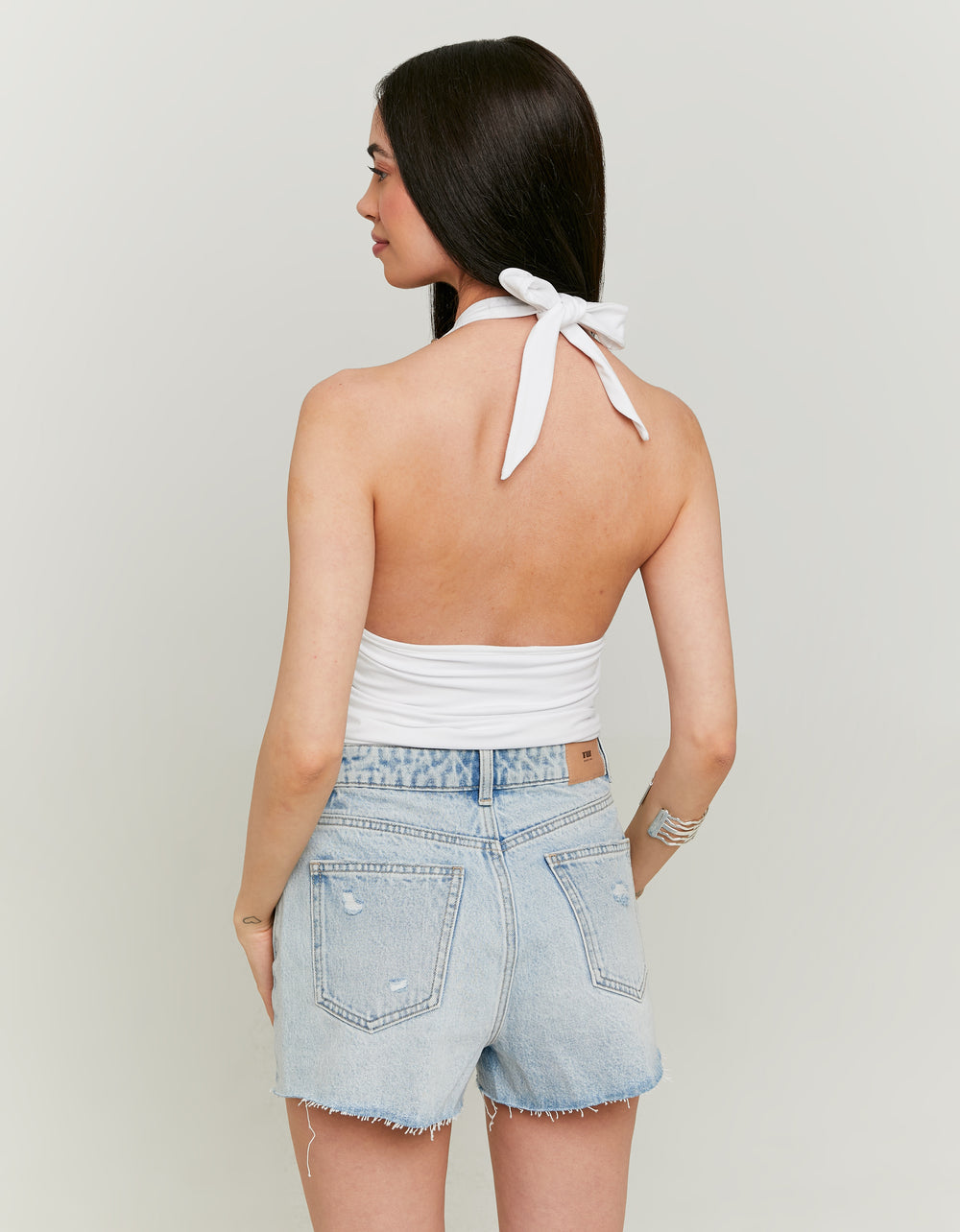 Ladies Whtie Crop Halter Top With Rhinestones-Model Back View