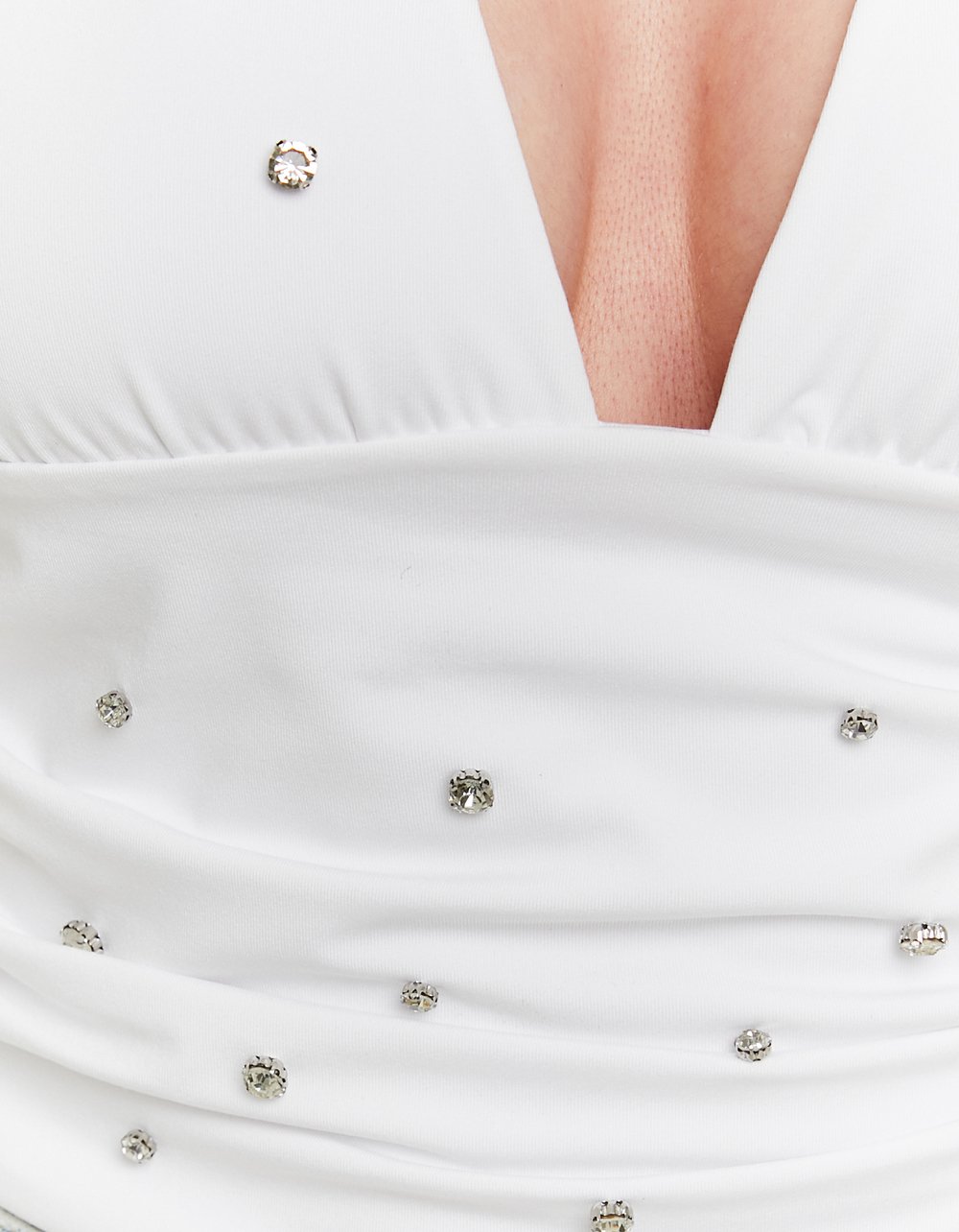 Ladies Whtie Crop Halter Top With Rhinestones-Close Up View