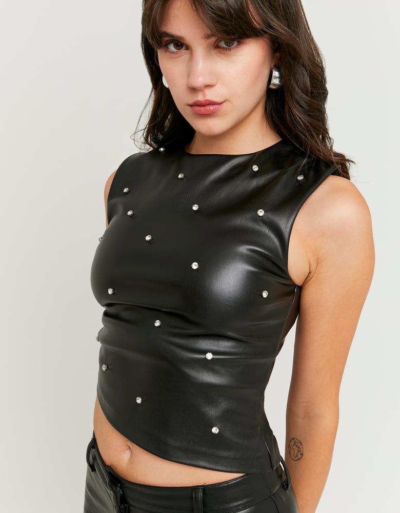Ladies Black Top With Rhinestones-Closer View of the Front