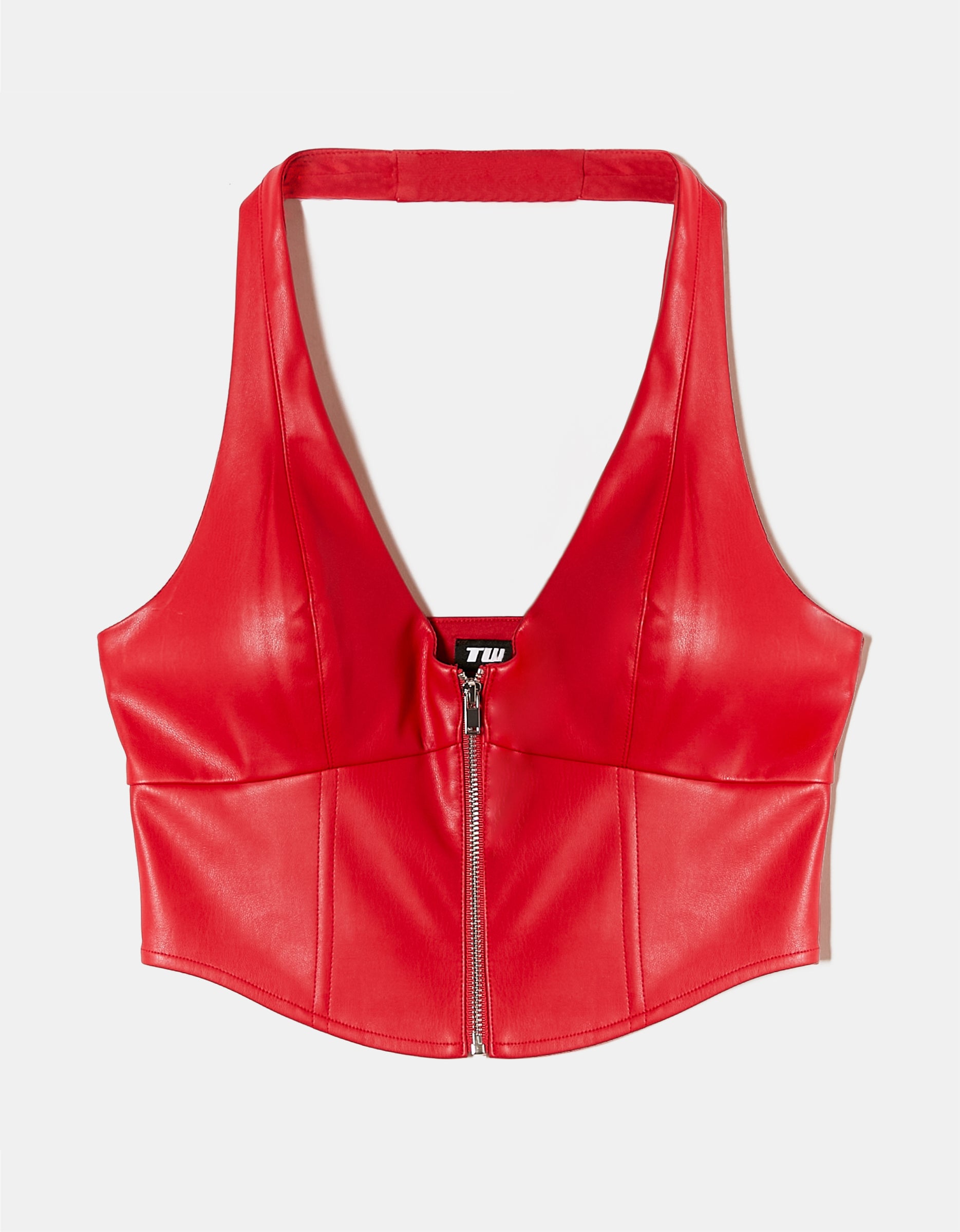 Ladies Red Faux Leather Corset Top-Ghost Front View