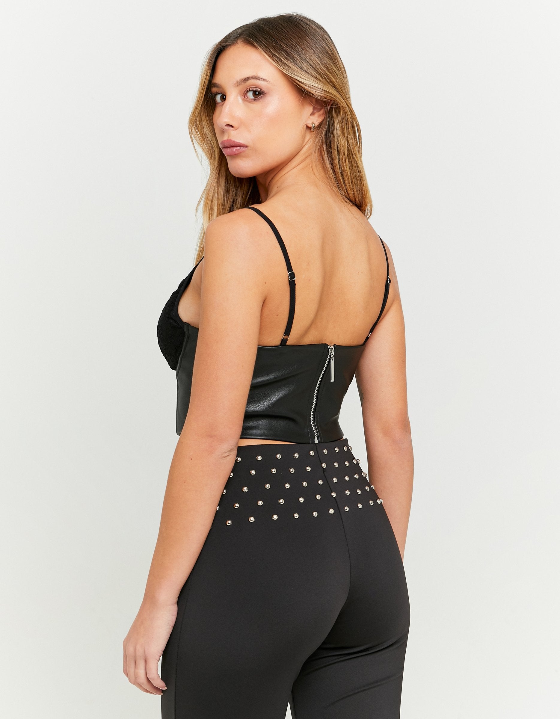 Ladies Black Fake Leather Bralette With Lace Cup-Back View