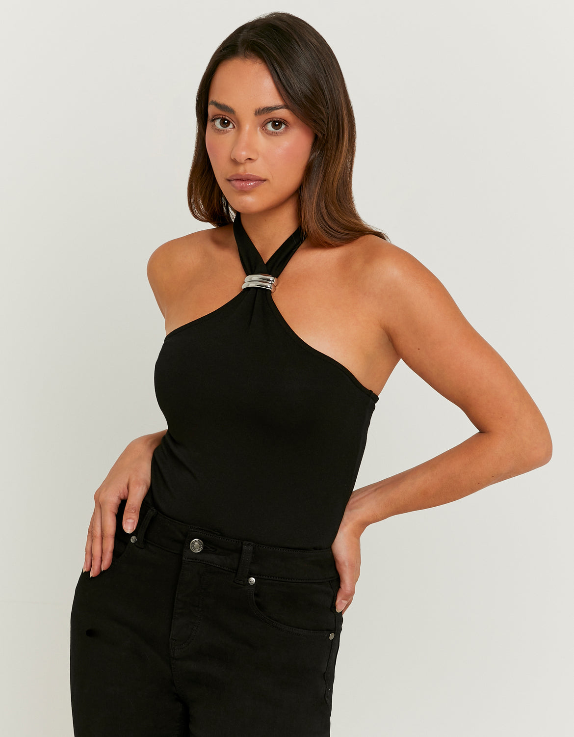 Ladies Black Halter Top With Metallic Detail-Model Front View