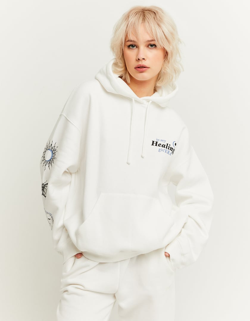 Ladies White Printed Oversized Hoodie-Model Front View
