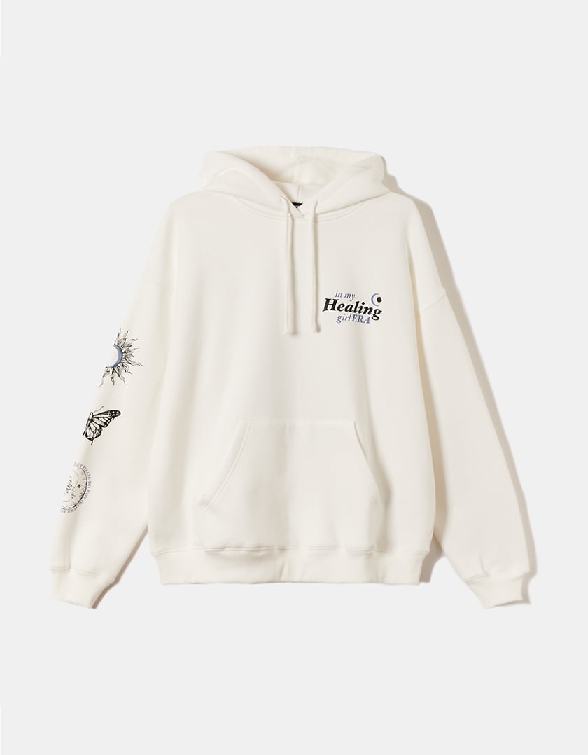 Ladies White Printed Oversized Hoodie-Front View
