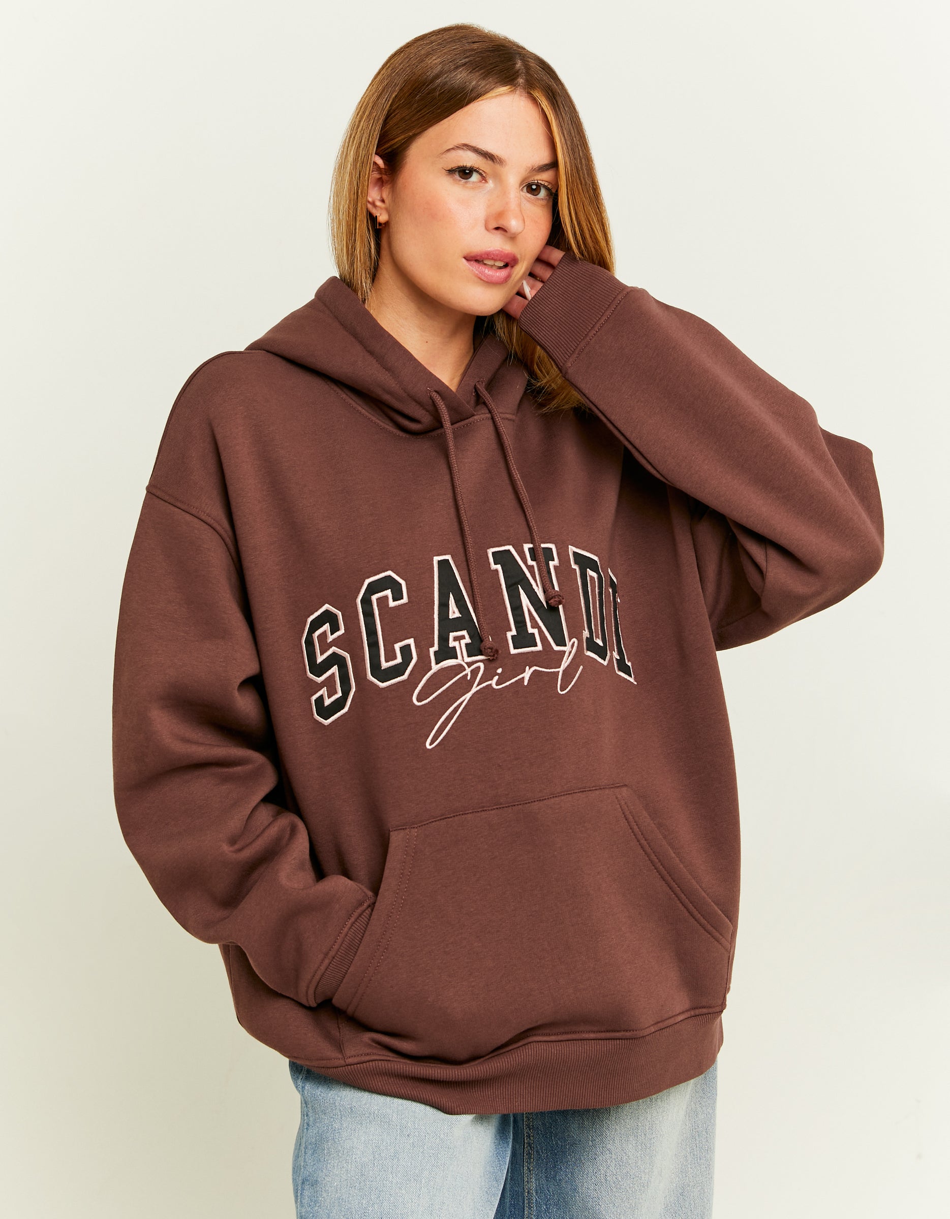 Ladies Red Oversized Sweatshirt With Print-Model Front View