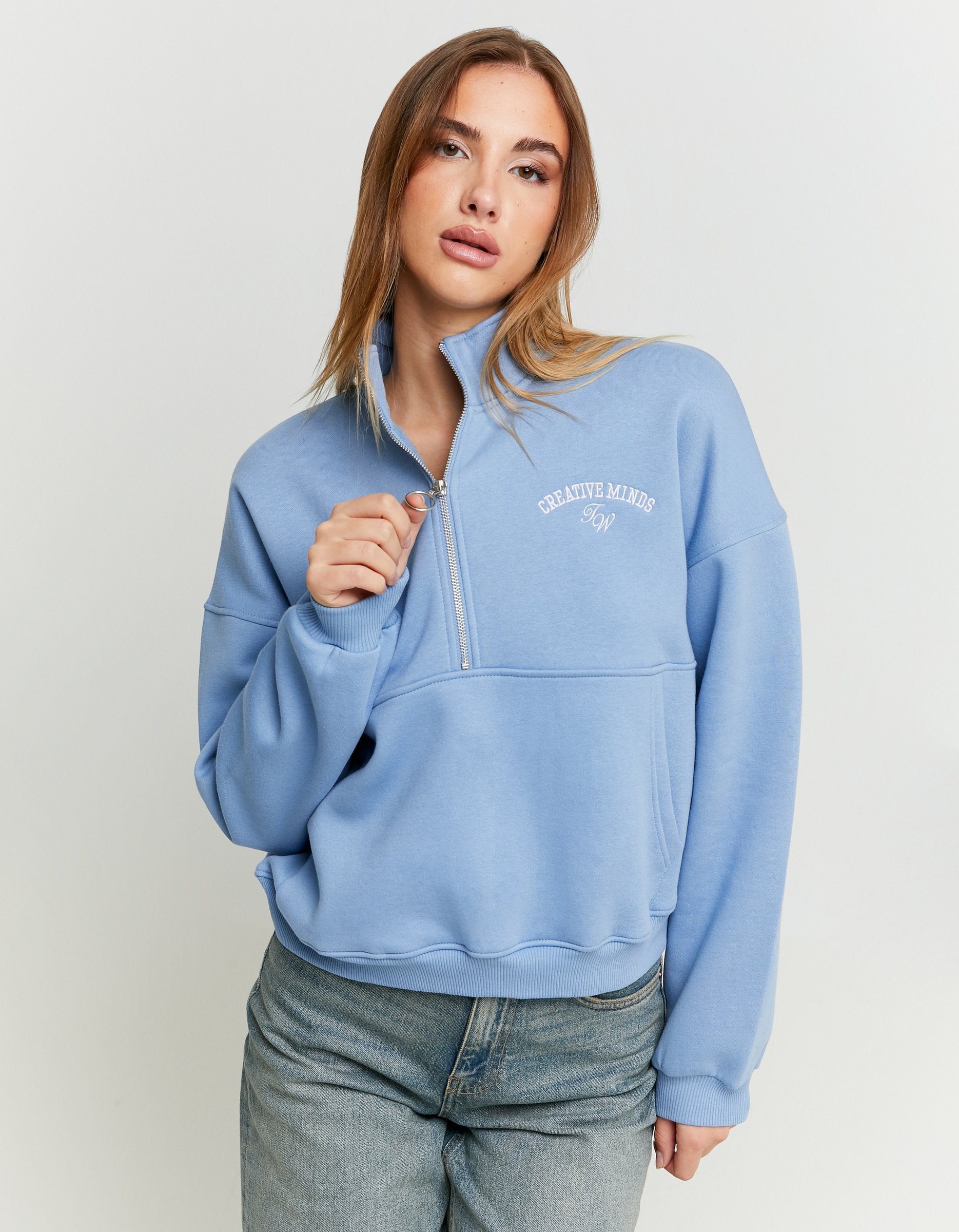 Ladies Blue Embroidery Sweatshirt-Model Front View