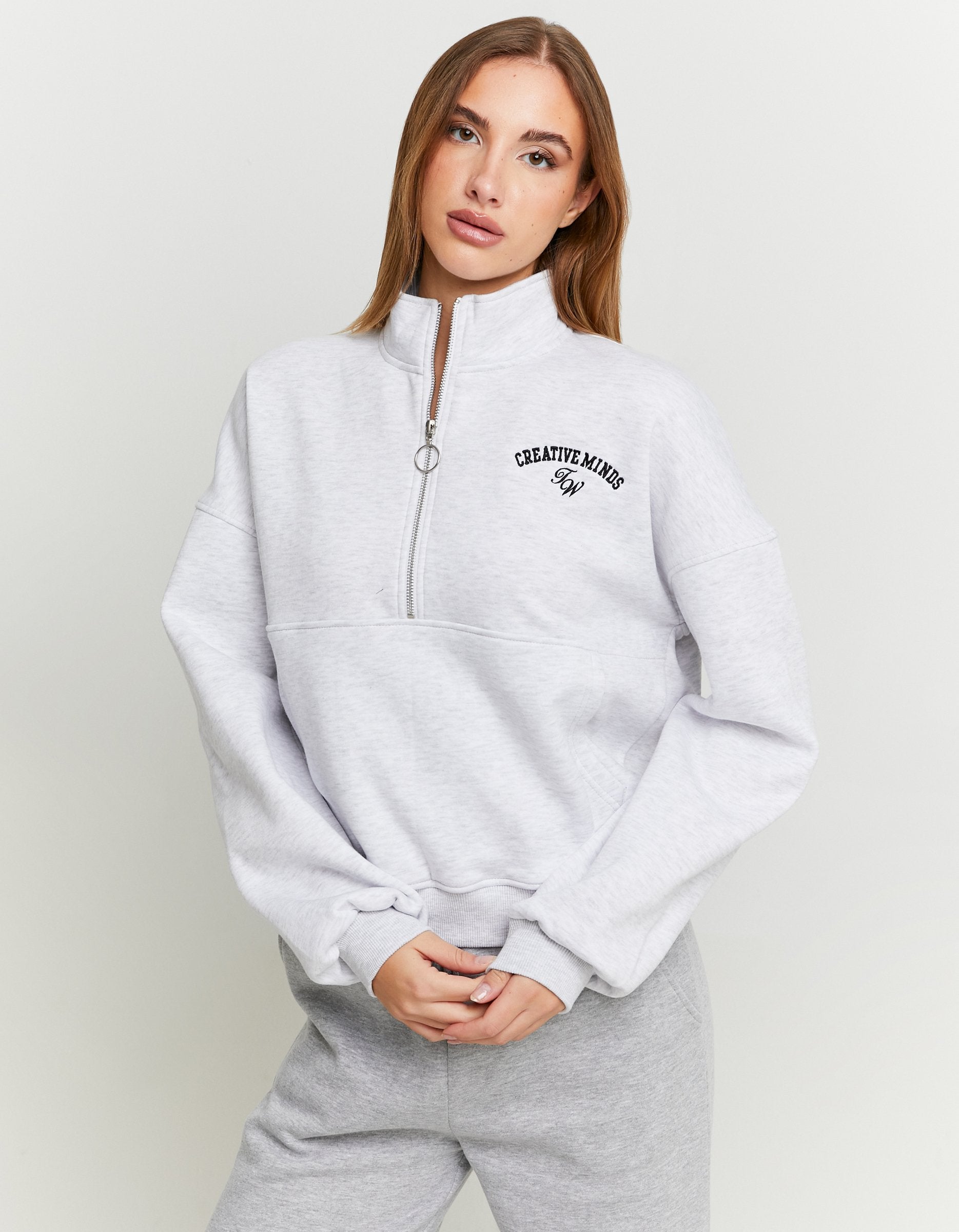 Ladies Grey Embroidery Sweatshirt-Model Front View