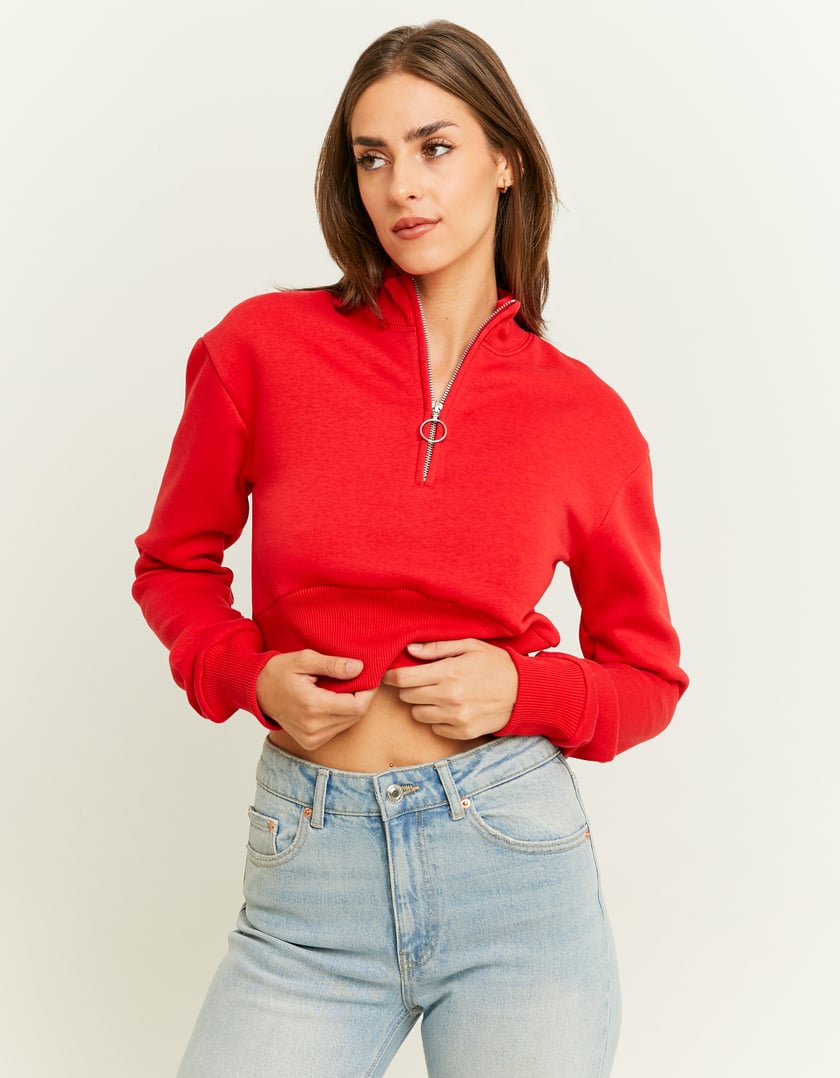 Ladies Red Cropped Sweatshirt-Model Front View