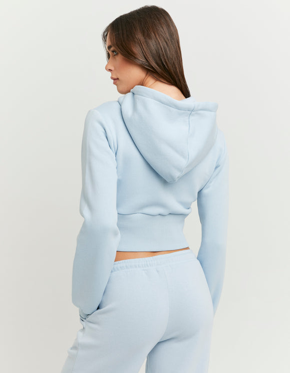 Tally Weijl blue zip up hoodie worn by model, back view