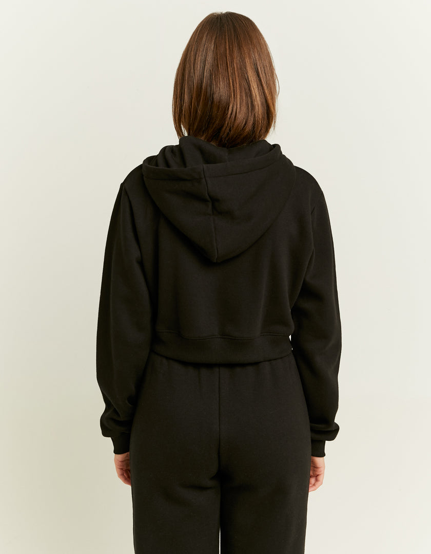 Ladies Black Cropped Zip Hoodie-Model Back View