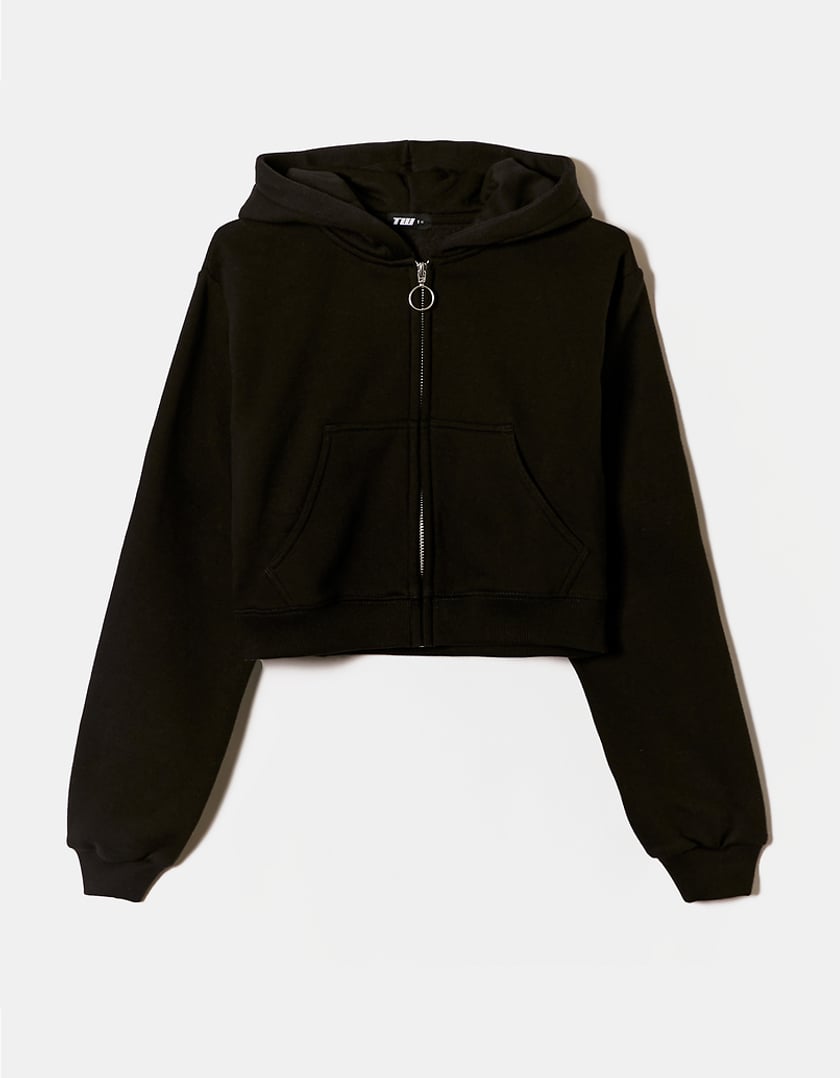 Ladies Black Cropped Zip Hoodie-Front View