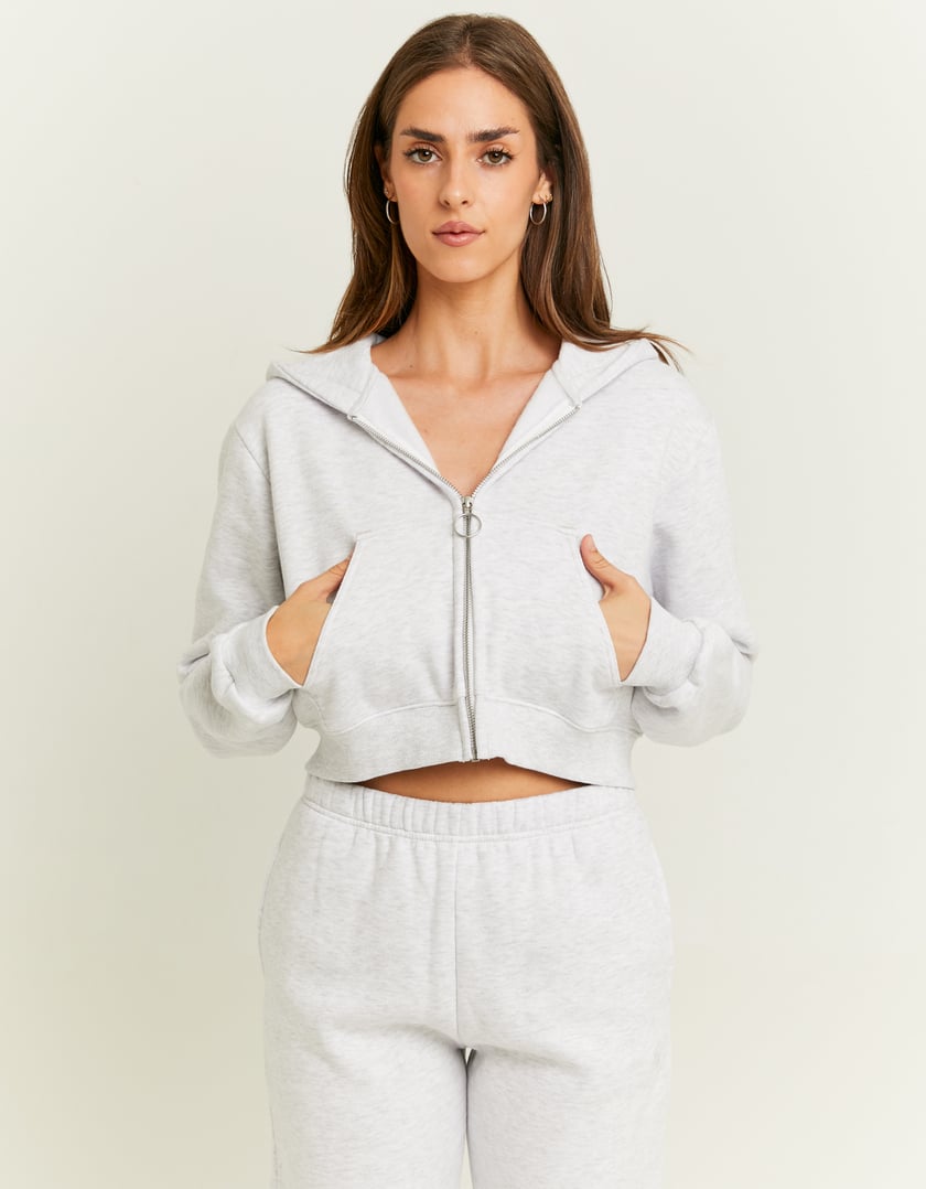 Ladies Grey Cropped Zip Hoodie-Model Front View