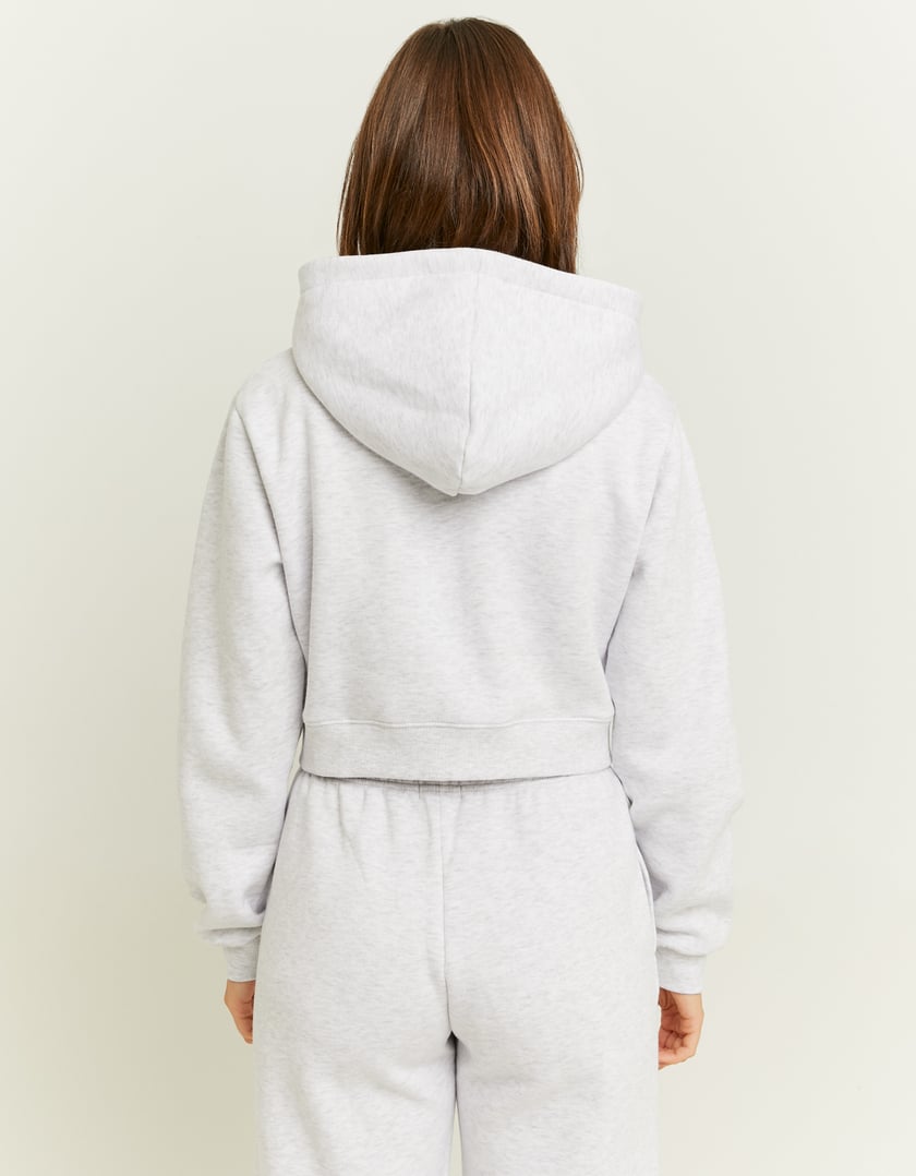 Ladies Grey Cropped Zip Hoodie-Model Back View