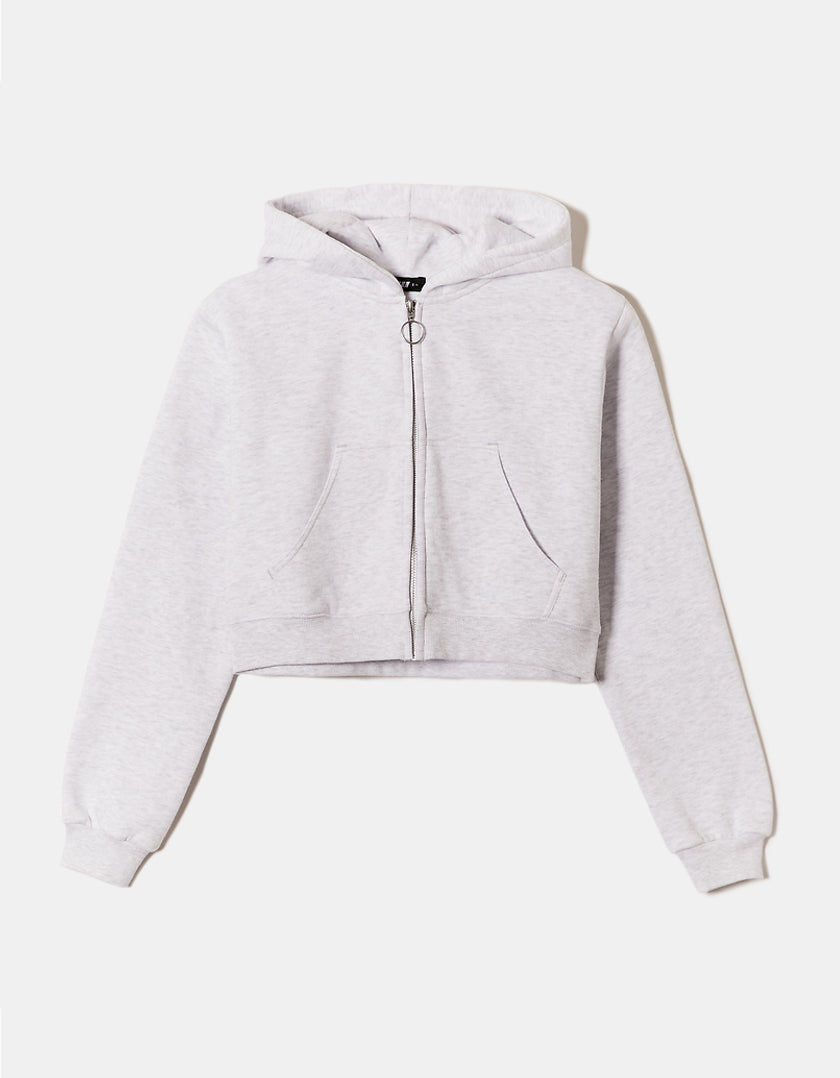 Ladies Grey Cropped Zip Hoodie-Front View