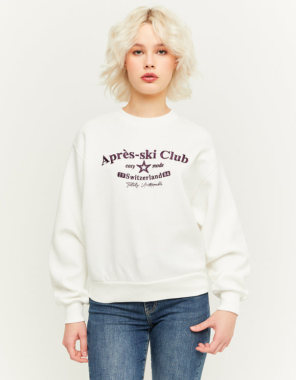 Ladies White Oversized Patterned Sweatshirt-Model Front View
