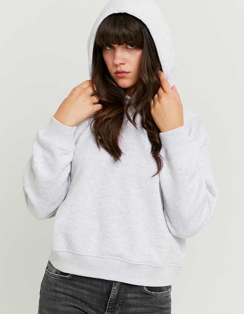 Ladies Grey Basic Hoodie-Hood Up View
