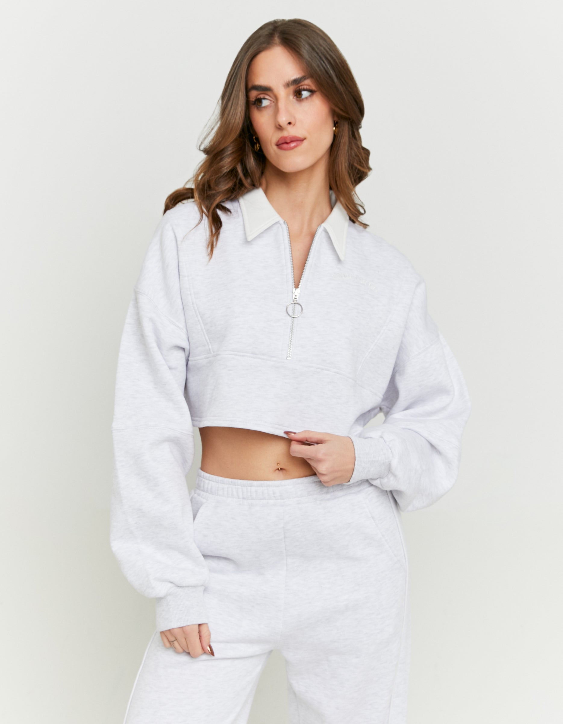 Tally Weijl Light Grey Cropped Sweatshirt With Polo Neck Grey front view