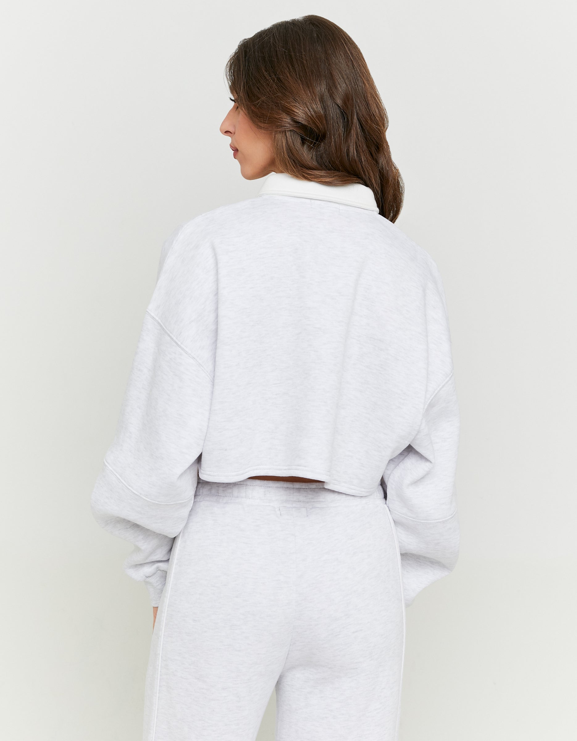 Ladies Light Grey Cropped Sweatshirt With Polo Neck-Back View