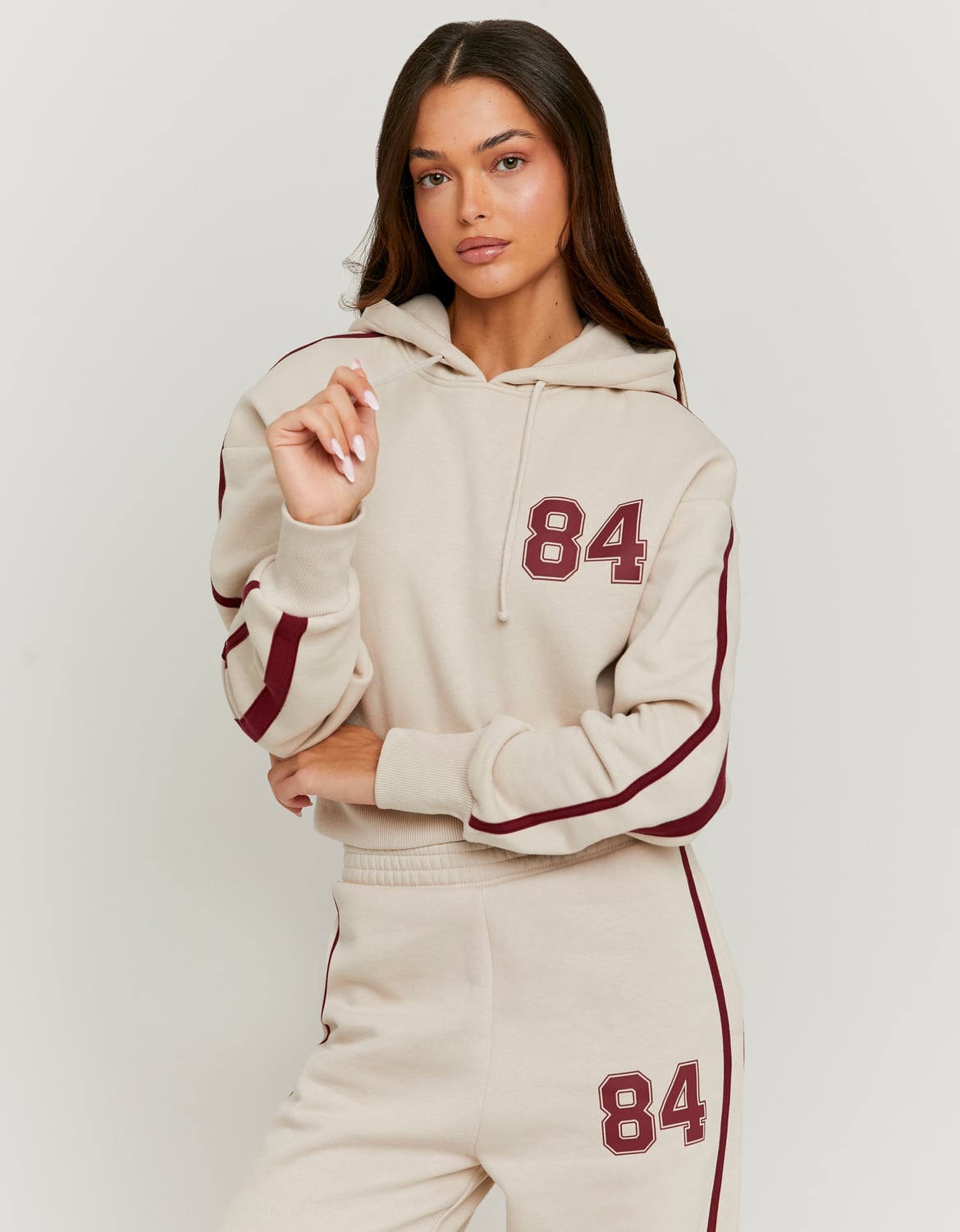 Ladies Beige Zip Up Hoodie With Print-Front View