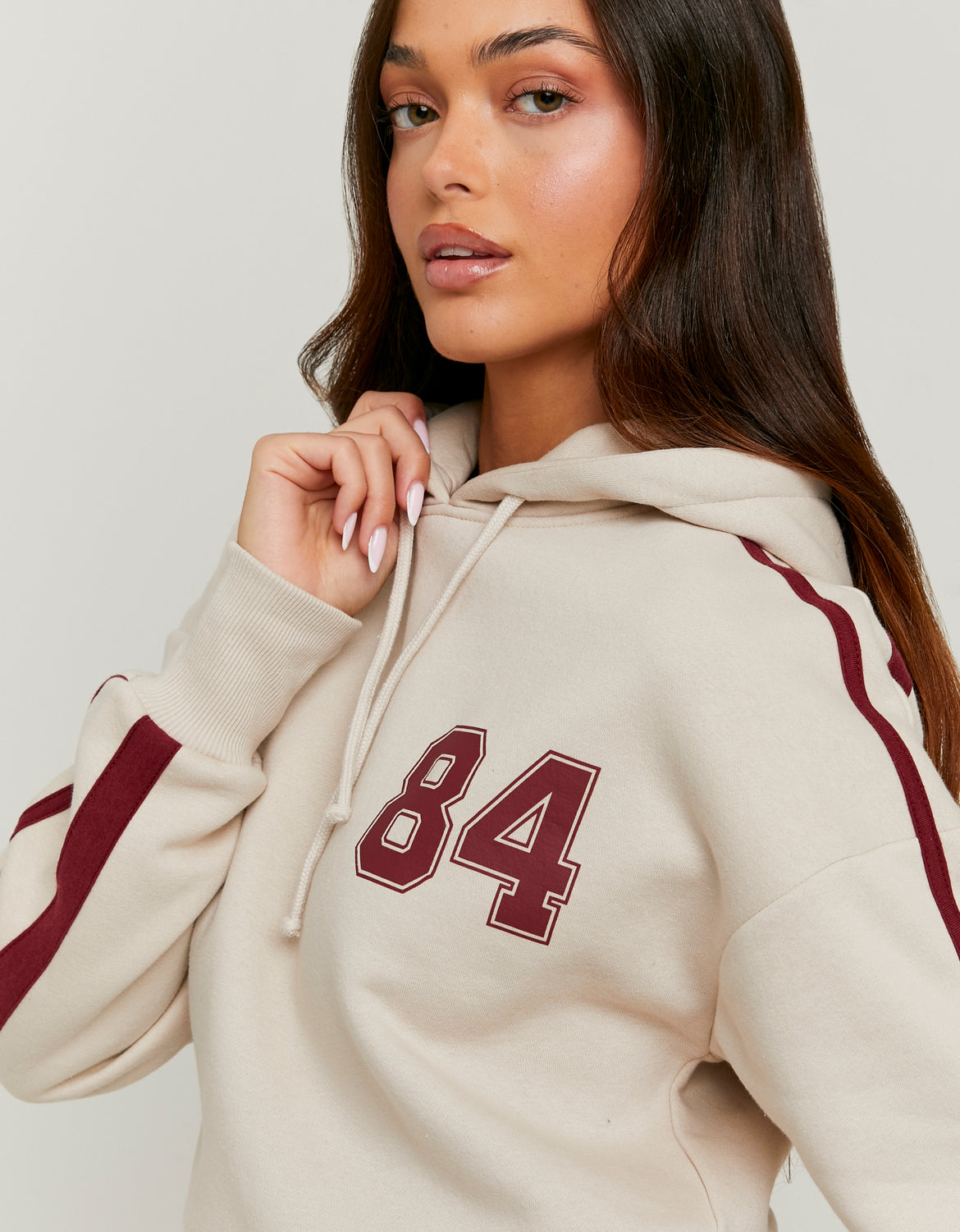 Ladies Beige Zip Up Hoodie With Print-Side View