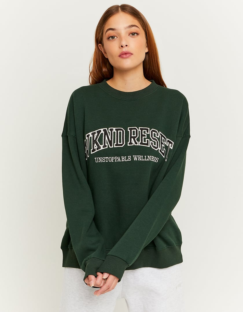 Ladies Green Oversize Printed Sweatshirt-Model Front View