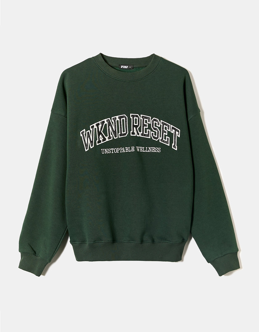 Ladies Green Oversize Printed Sweatshirt-Front View