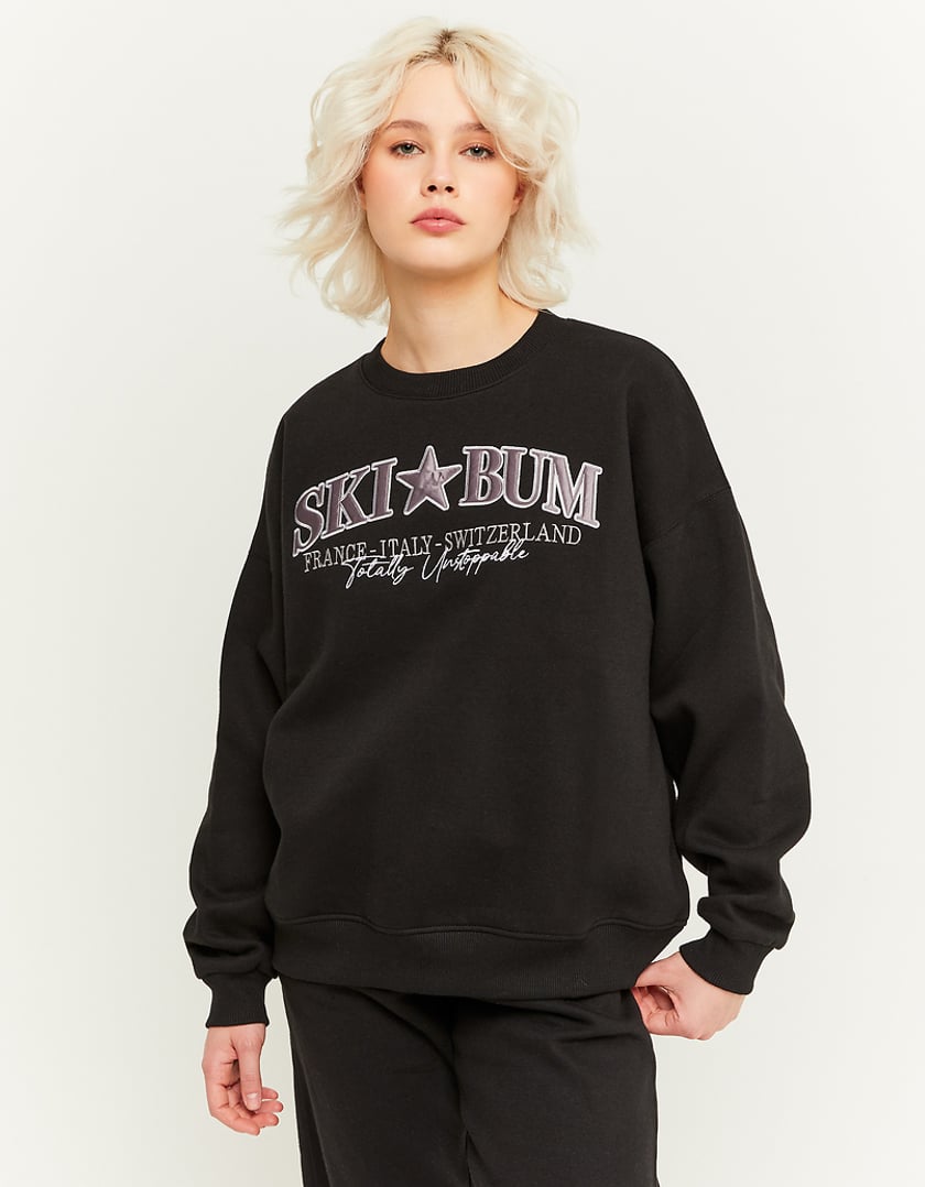 Ladies Black Oversize Printed Sweatshirt-Model Front View