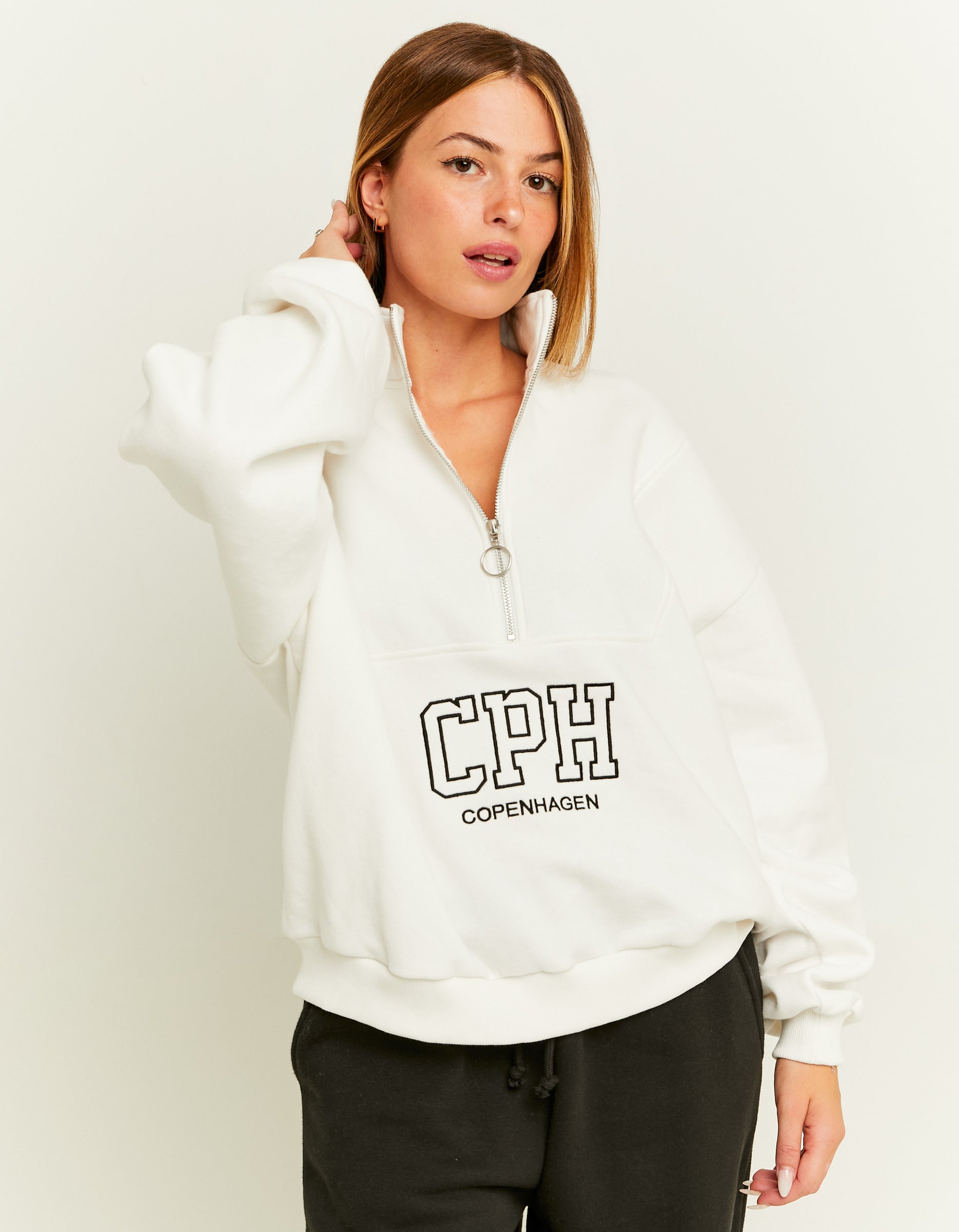 Ladies White CPH Print Sweatshirt-Model Front View