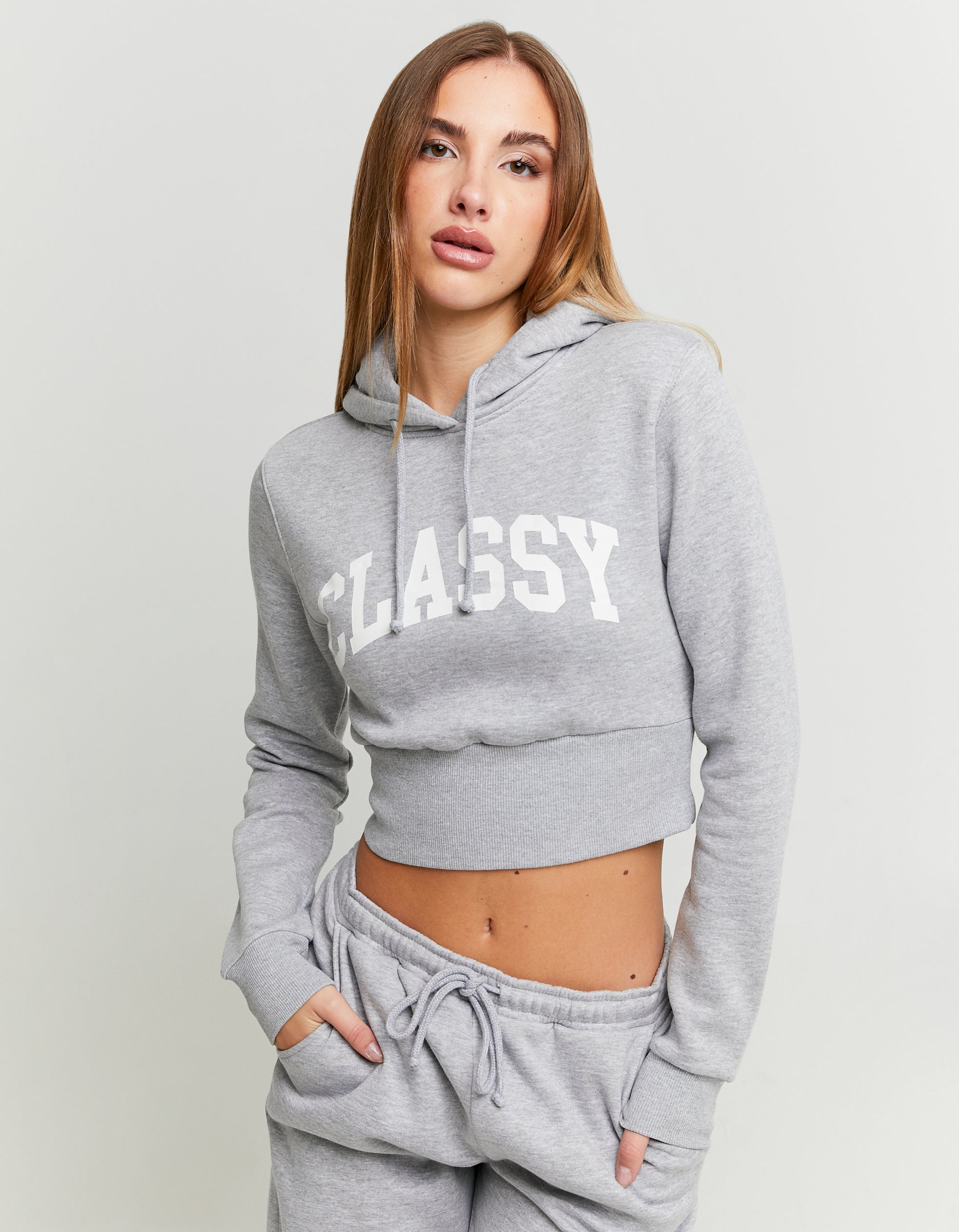 Ladies Grey Cropped Printed Hoodie-Model Front View