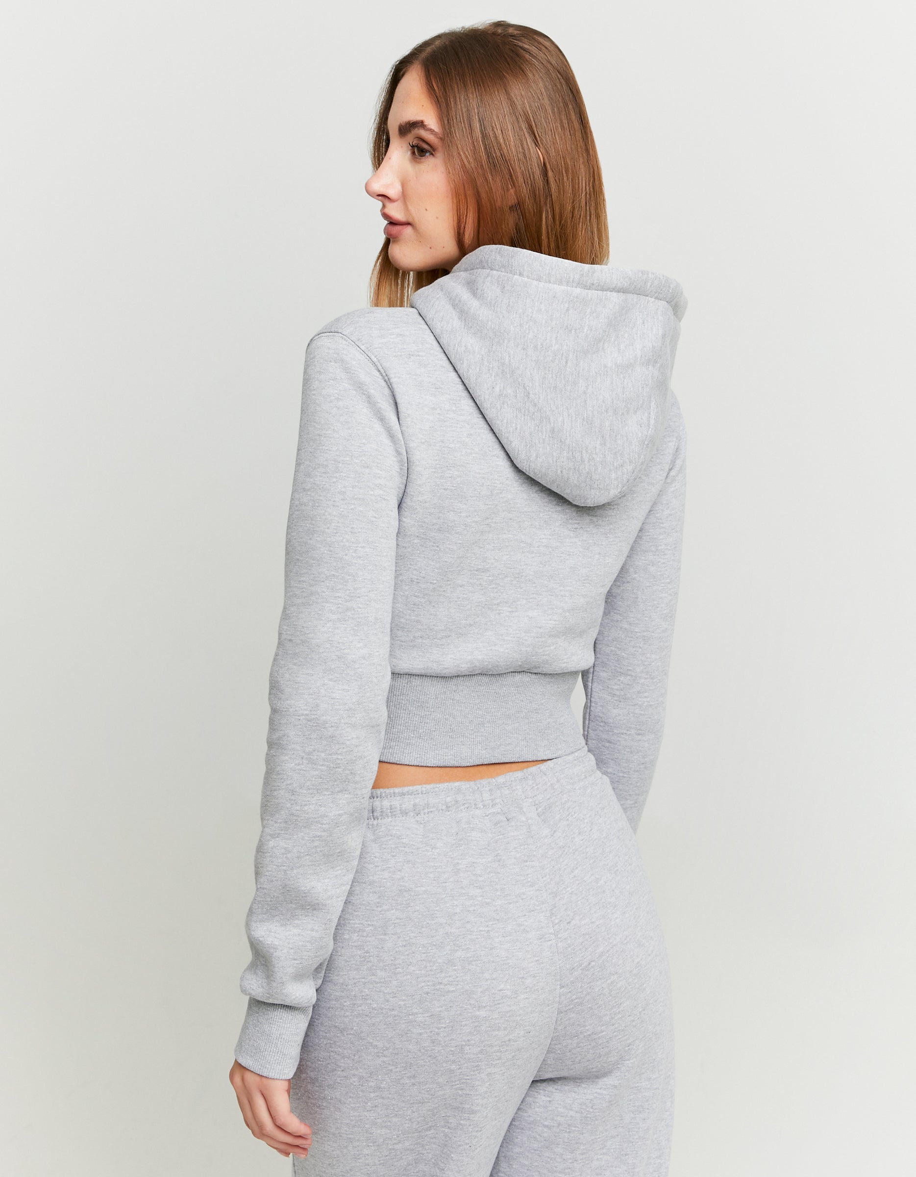 Ladies Grey Cropped Printed Hoodie-Model Back View