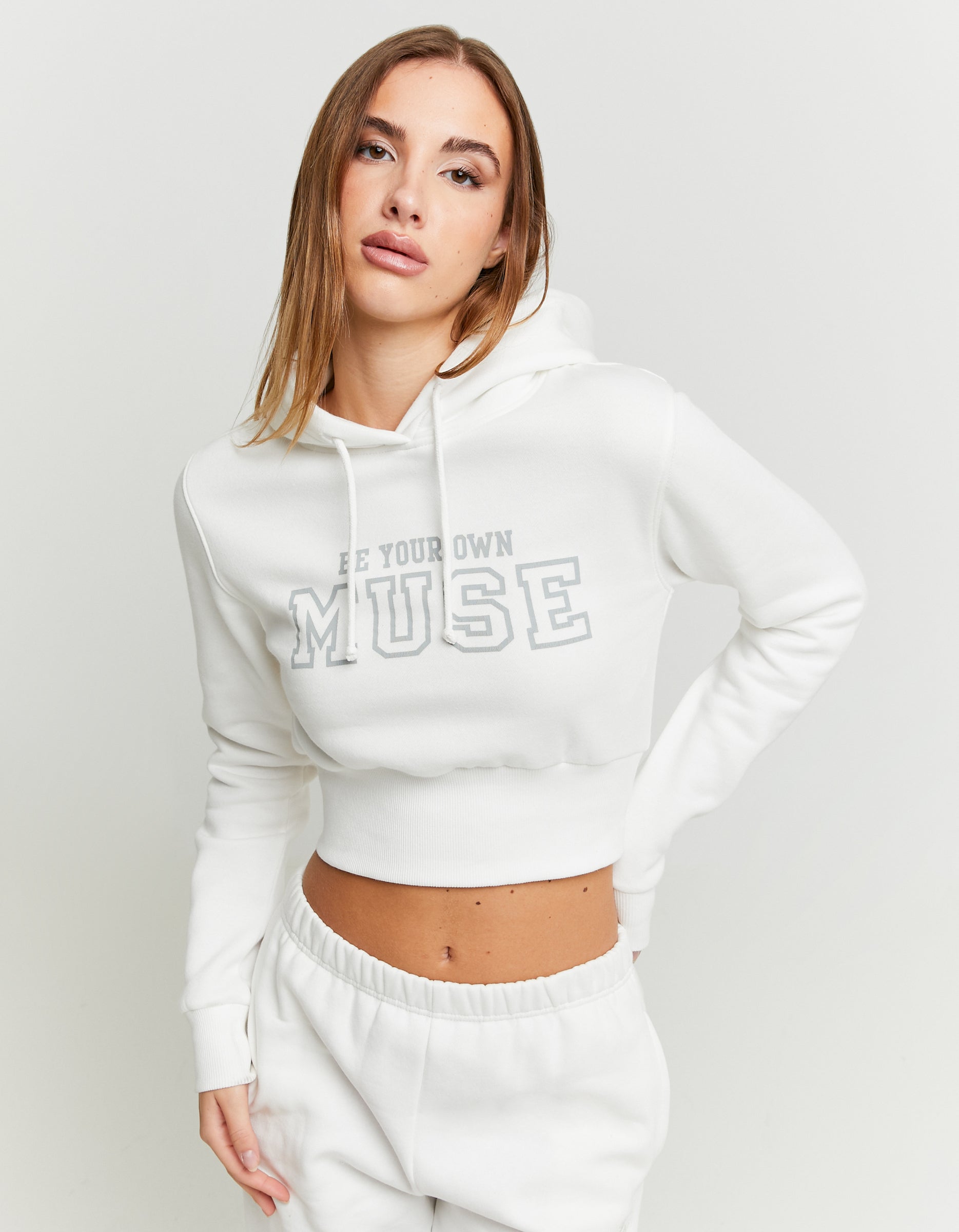 Ladies White Cropped Printed Hoodie-Model Front View