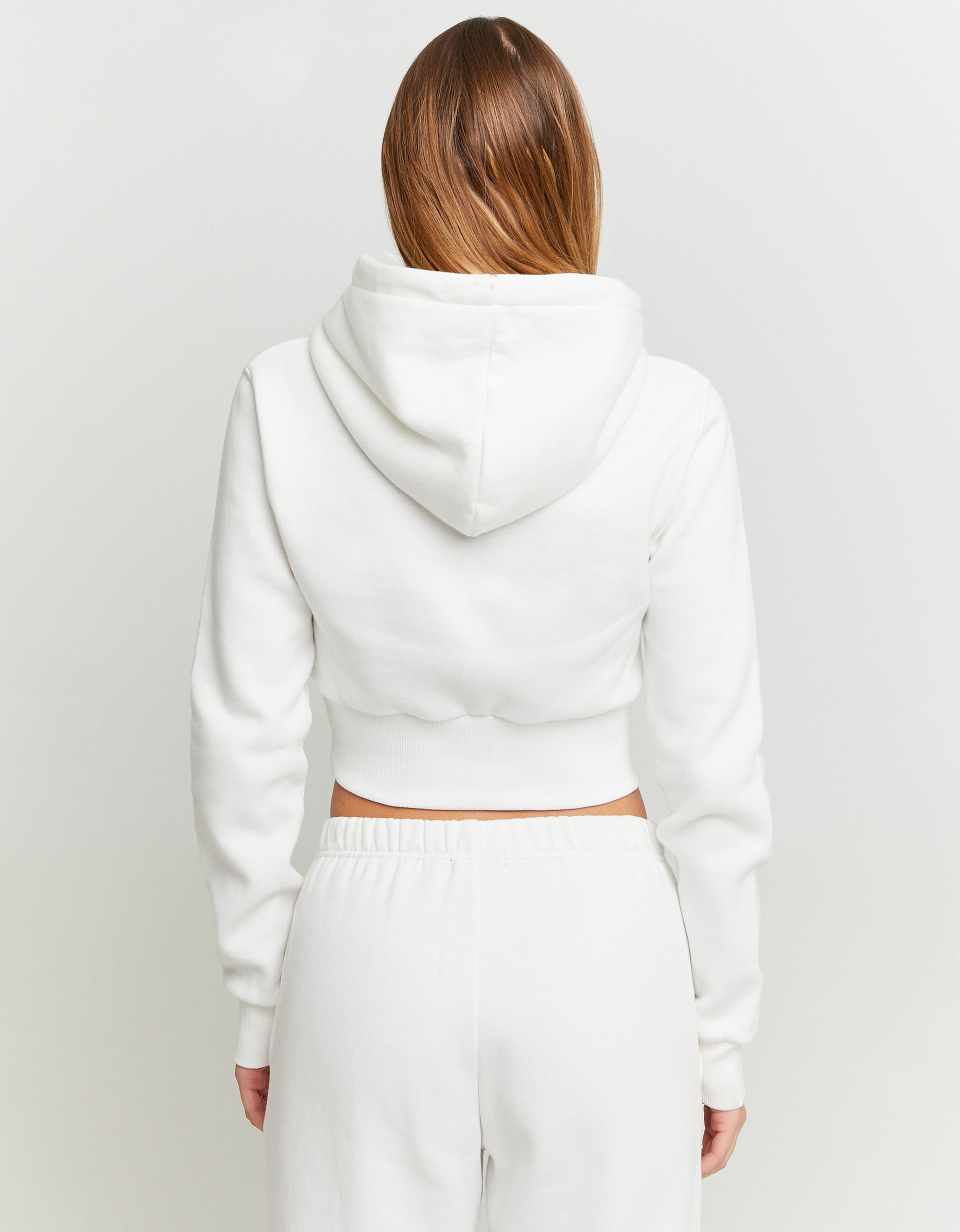 Ladies White Cropped Printed Hoodie-Model Back View